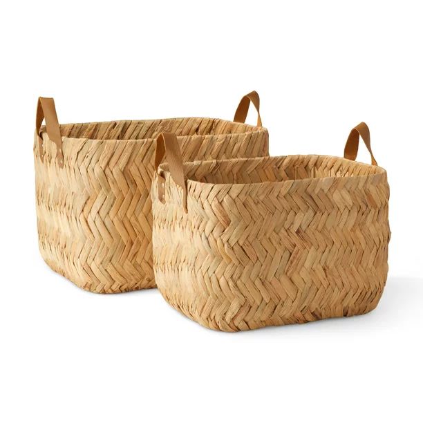 MoDRN Naturals Water Hyacinth Herringbone Rectangular Basket with Leather Handles, Set of 2 - Wal... | Walmart (US)