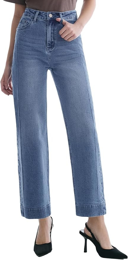 Women’s Straight Leg Jeans High Waisted Cropped Trendy Jeans Wide Leg Zipper Denim Pants | Amazon (US)