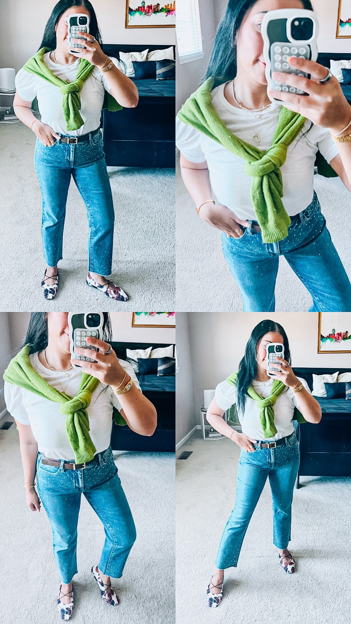 Puff sleeve tee
Brown leather belt
Sparkle jeans
Cow print flats
Chartreuse sweater 
Casual Friday 

#LTKdayinmylife #LTKSpringSale #LTKootd