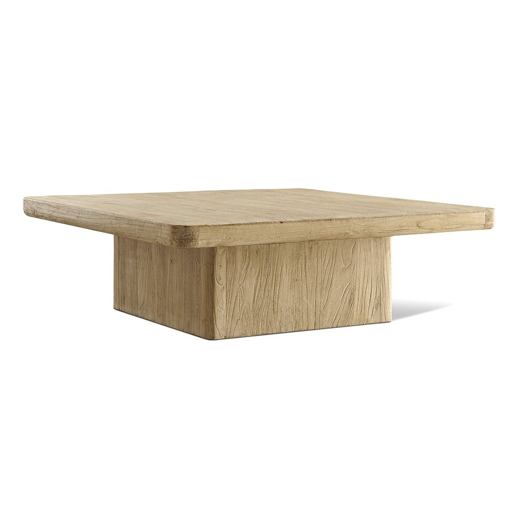 EM Wabi-Sabi Square Light Natural Reclaimed Wood Coffee Table with Square Pedestal Base | Eternity Modern