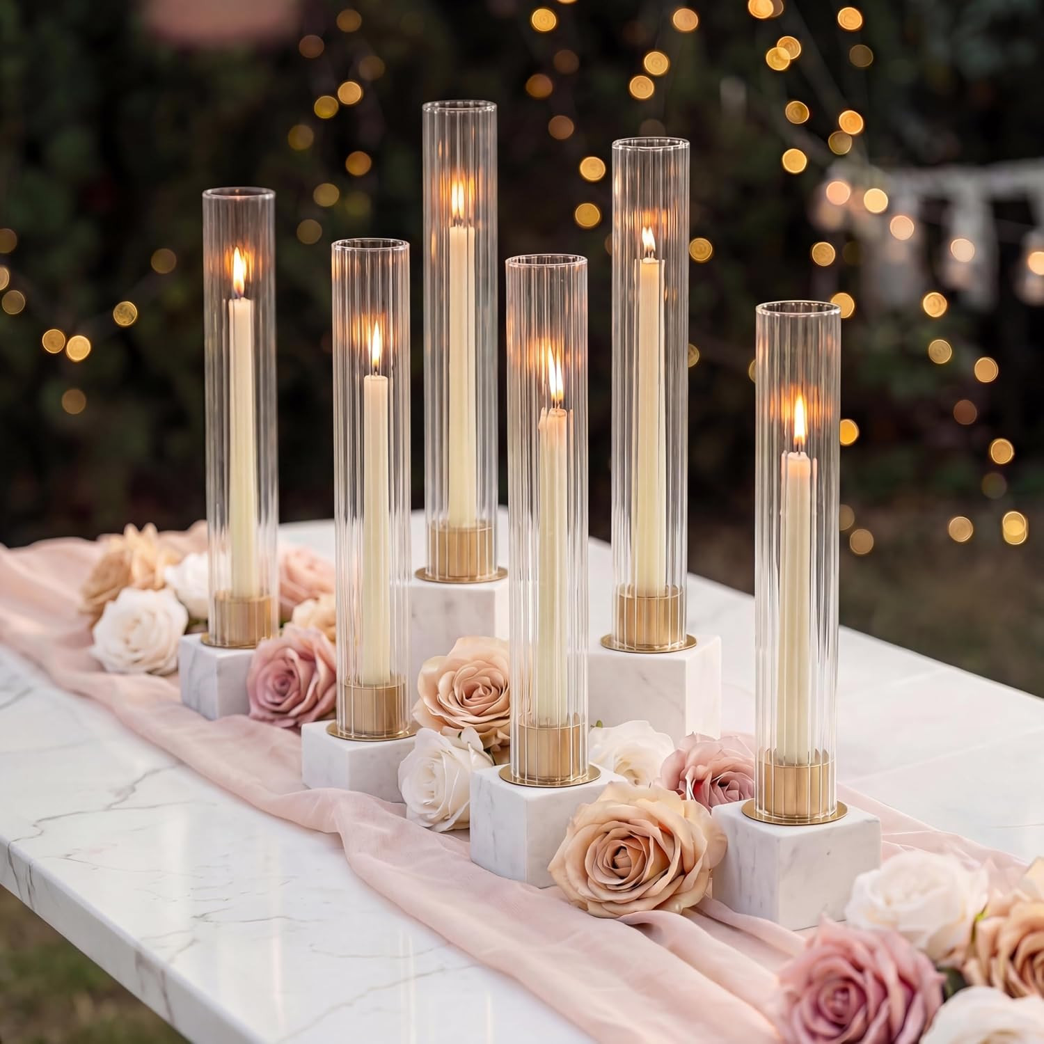 NUPTIO Candlestick Holder with Fluted Hurricane: Set of 6 Metal Candle Holders with Glass Cylinders - Gold Taper Candleholders for Birthday Valentine Wedding Table Centerpiece Outdoor Decor | Amazon (US)