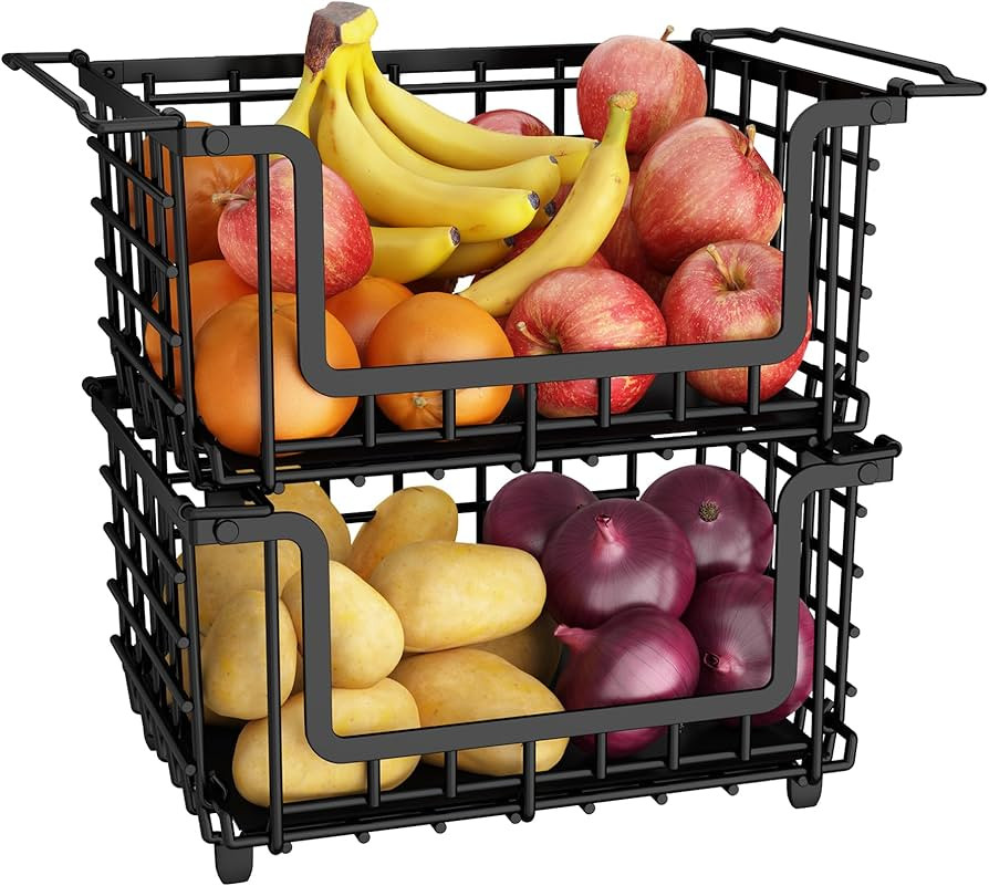 2 Pack Stackable Metal Wire Vegetable Fruit Basket for Kitchen Counter Cabinet, Pantry Organizers... | Amazon (US)