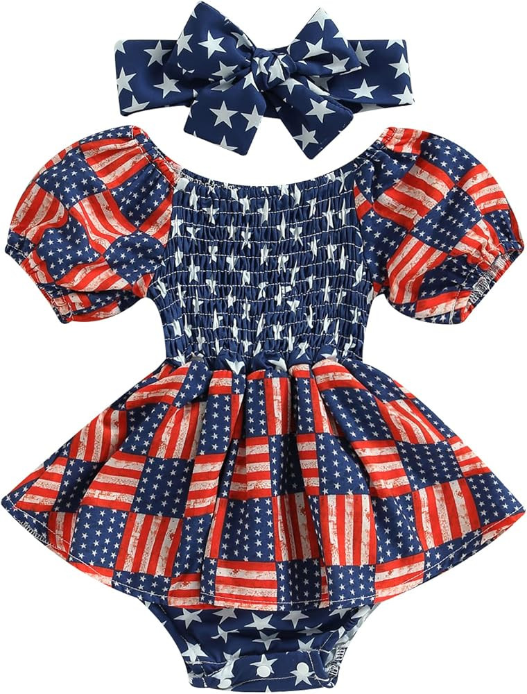 MA&BABY 4th of July Infant Girls Romper Dress Flag Star Print Short Sleeve Ruched Jumpsuits Bodys... | Amazon (US)