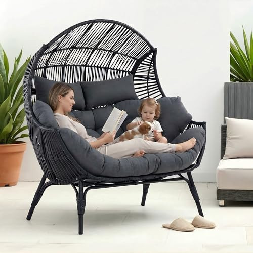 IRONCK Egg Chair Indoor Outdoor, 2 Person Double Egg Loveseat Chair, Oversized Thickened Padded Headrests and Cushions, 680 lbs Wicker Lounge for Balcony, Patio, Garden, Black and Gray | Amazon (US)