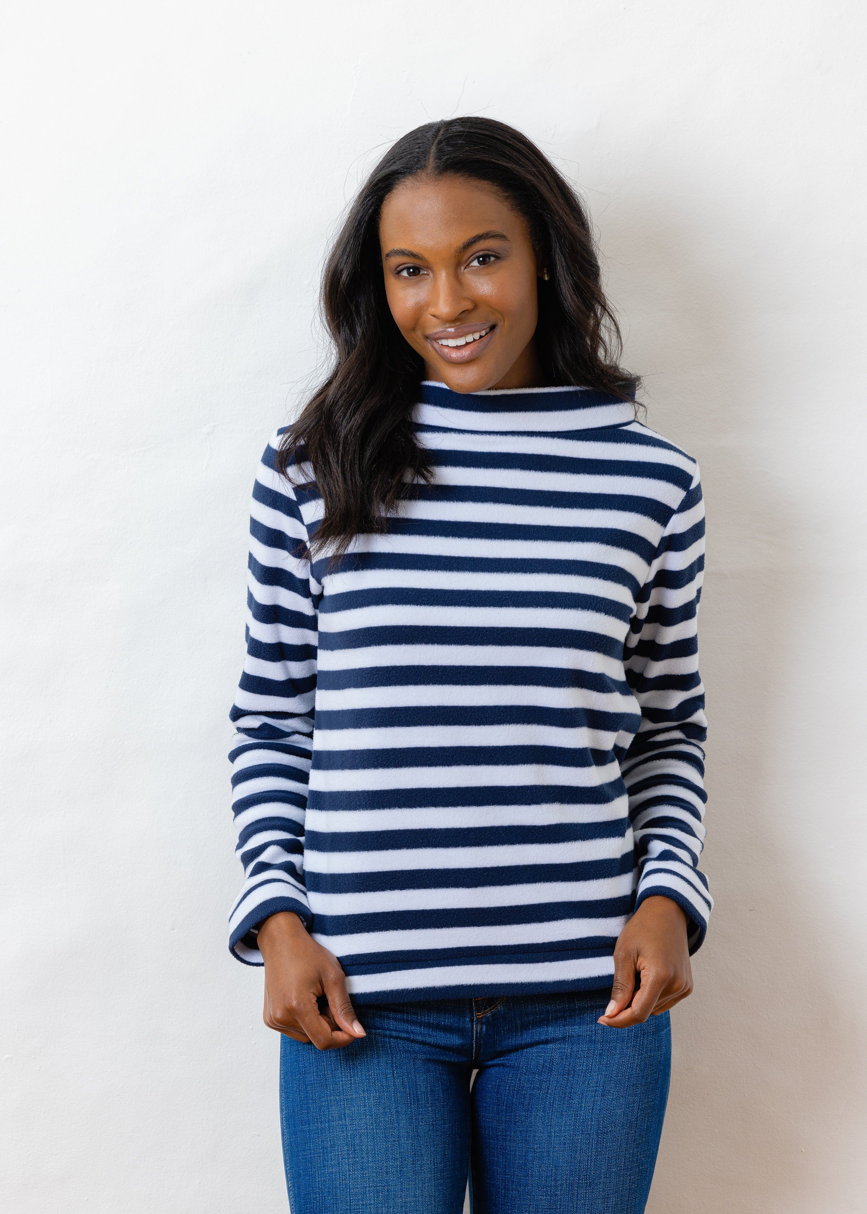 Brighton Boatneck Top in Striped Fleece (Navy / White) | Dudley Stephens