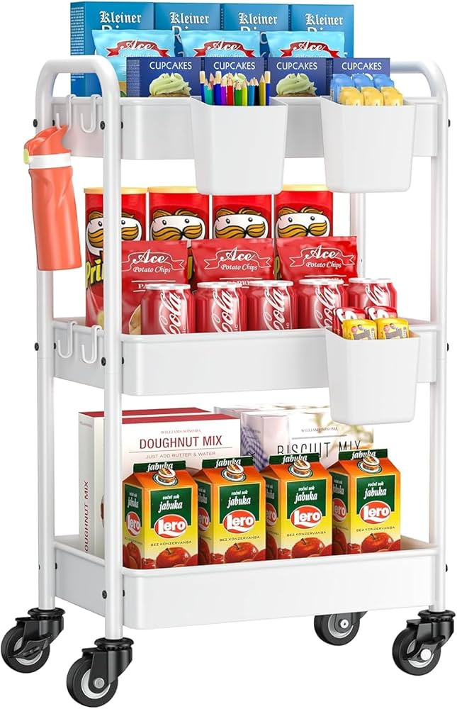 3 Tier White Rolling Cart, YASONIC Metal Utility Cart on Wheels with 3 Hanging Cups and 4 Hooks -... | Amazon (US)