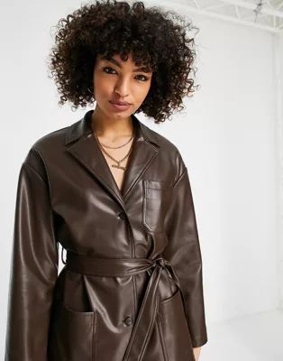 Topshop faux leather belted shirt jacket with revere collar in chocolate | ASOS (Global)