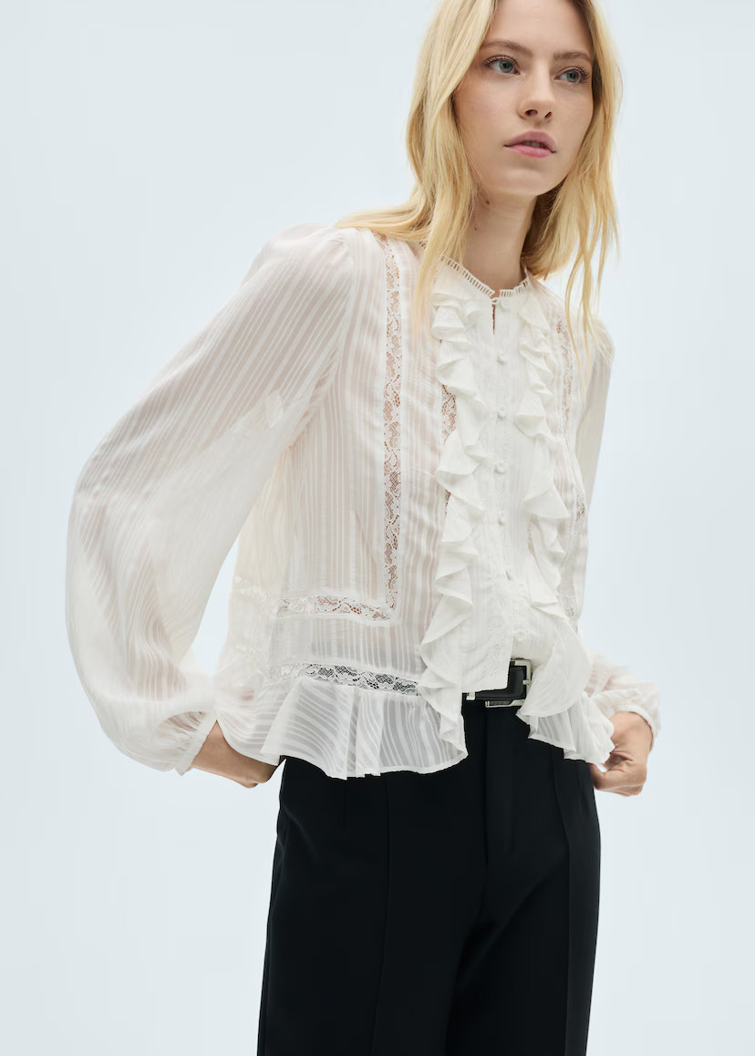 Blouse with ruffles and lace details - Women | MANGO United Kingdom | MANGO (UK)