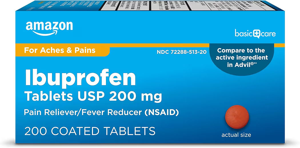 Amazon Basic Care Ibuprofen Tablets, Fever Reducer and Pain Relief from Body Aches, Headache, Art... | Amazon (US)