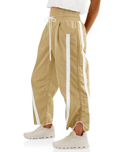 Fisoew Women's Baggy Wide Leg Pants Casual Drawstring Elastic Waisted Contrast Color Workout Y2K Track Pants Khaki | Amazon (US)