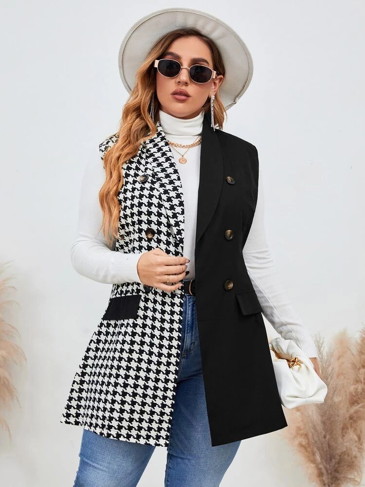 Plus Houndstooth Print Shawl Collar Double Breasted Vest Blazer | SHEIN