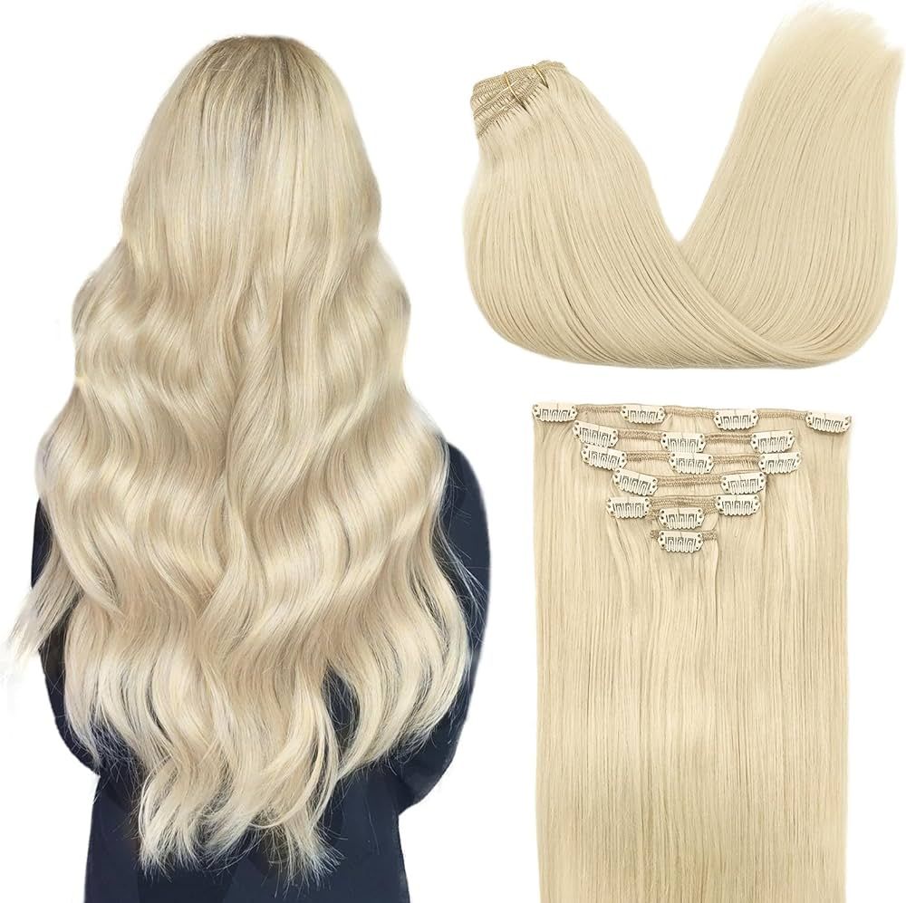 DOORES Human Hair Extensions Clip in Platinum Blonde 16 Inch 120g 7pcs Remy Clip in Hair Extensio... | Amazon (US)