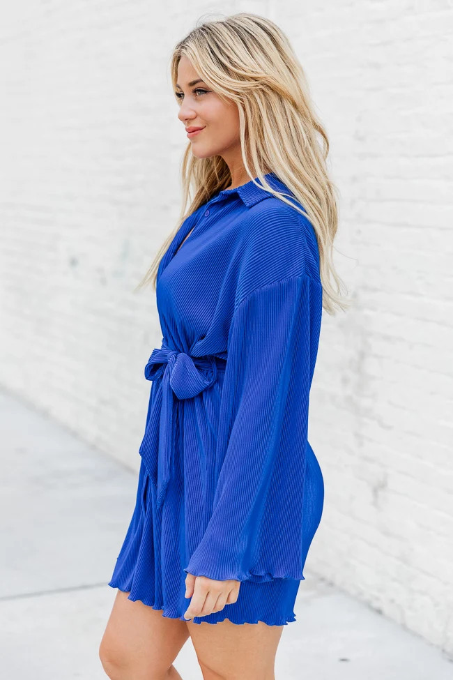 Something To Say Cobalt Blue Plisse Mini Button Up Dress FINAL SALE | Pink Lily