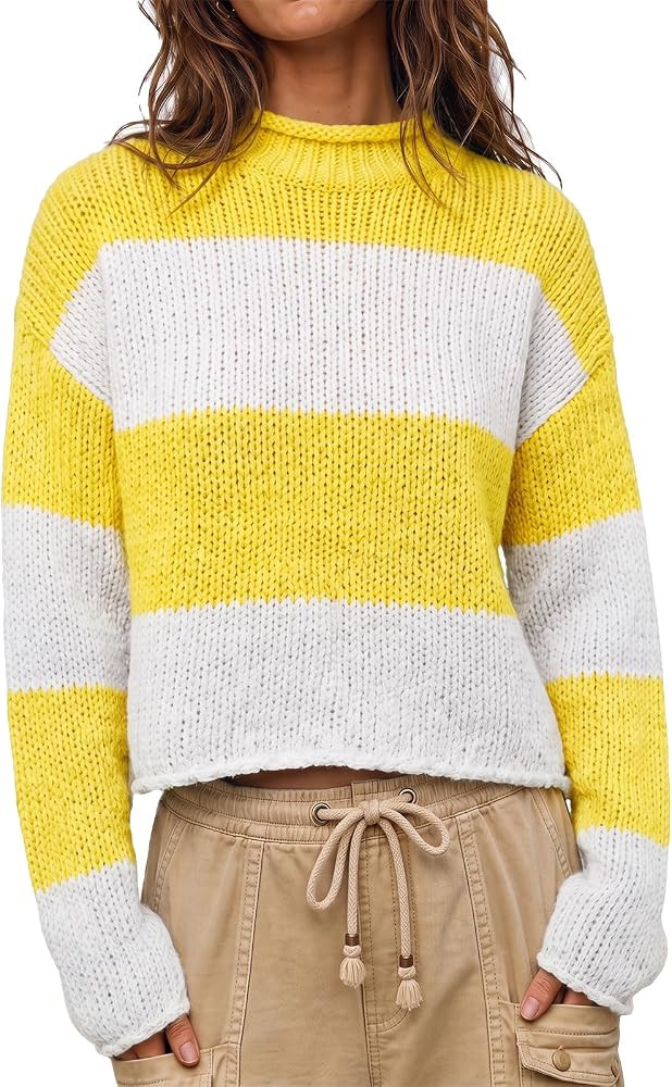 Cicy Bell Womens Striped Sweater Rolled Mock Neck Cropped Fall Knit Tops | Amazon (US)