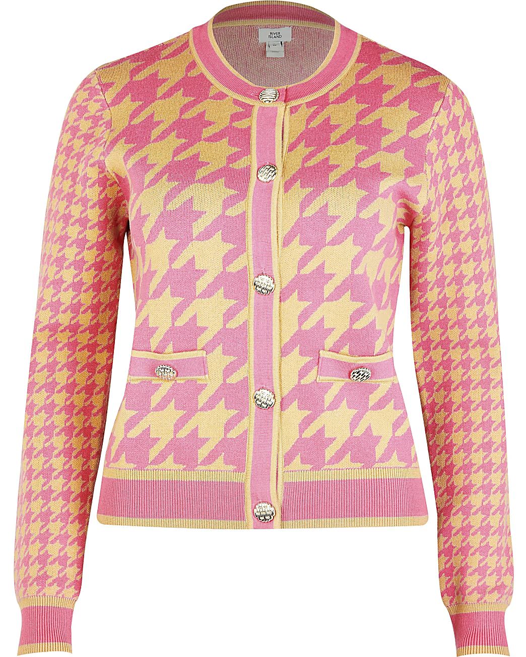 Pink dogtooth print knitted cardigan | River Island (UK & IE)
