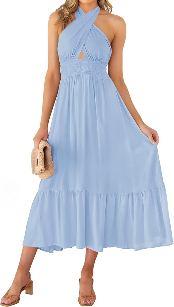 ZESICA Women's Summer Criss Cross Halter Neck Cut Out Solid Color Sleeveless Flowy A Line Midi Dress | Amazon (US)