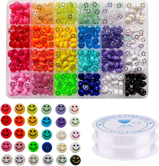 Amaney 480pcs Smiley Face Beads 24 Colors 10mm Big Acrylic Beads with Stretchy Bracelet String fo... | Amazon (US)