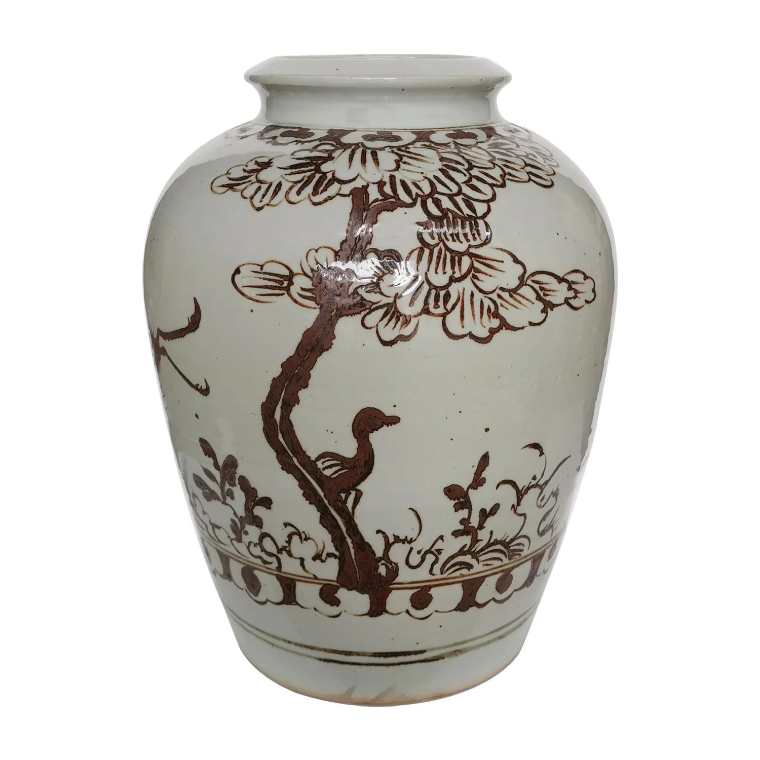 18 in H Rusty Brown Jar with Bird Under Tree Motif Brown Porcelain | Overstock