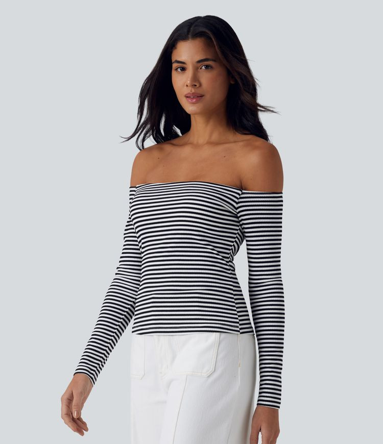 Women’s Ribbed Knit Off Shoulder Long Sleeve Stripe Built-in Bra Casual Top - Halara | HALARA