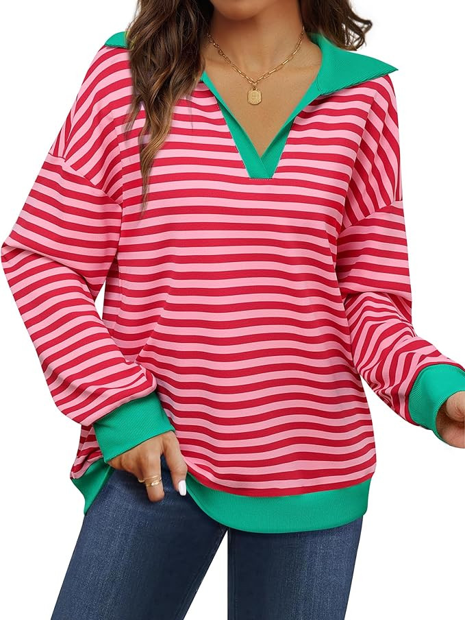 Lotusmile Sweatshirt for Women Color Block Striped Shirt Long Sleeve Lapel V Neck Lightweight Pul... | Amazon (US)