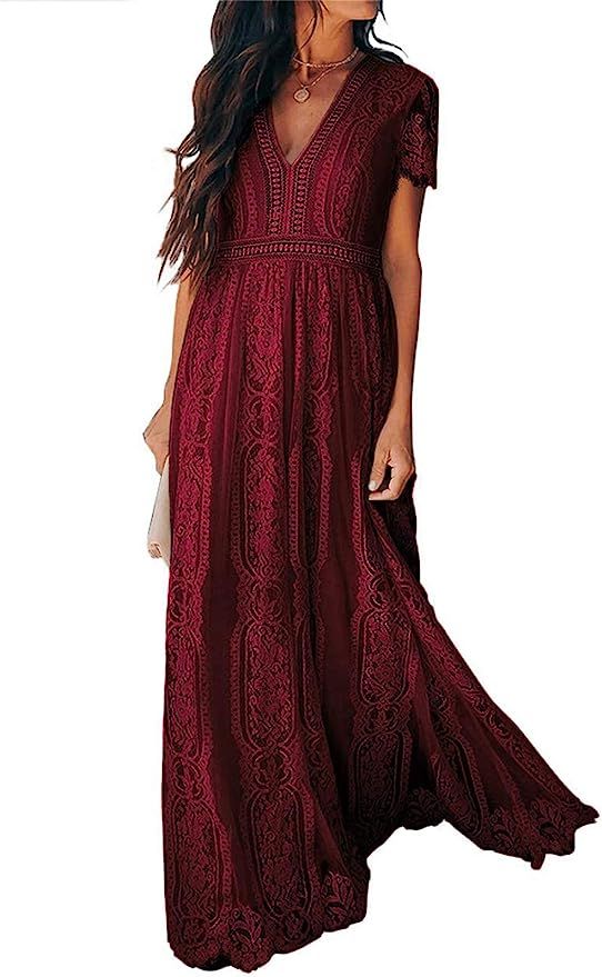 Bdcoco Women's V Neck Floral Lace Wedding Dress Short Sleeve Bridesmaid Evening Party Maxi Dress | Amazon (US)