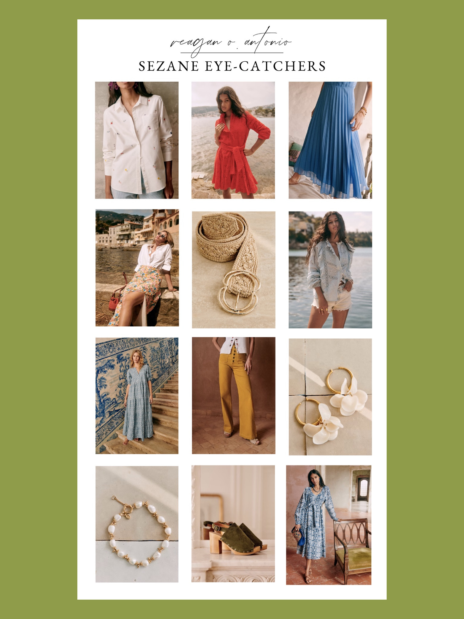 Sezane eye catchers. Lots of gems..could include so many more. 

belt, dainty jewelry, statement earrings, wide leg mustard pants, midi skirt, French girl style, coastal grandma aesthetic pieces  

#LTKstyletip