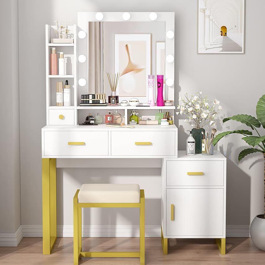 Makeup Vanity Mirror with Lights Table Set with Drawers Makeup Desk Makeup Vanity with Lights Vanity | Amazon (US)