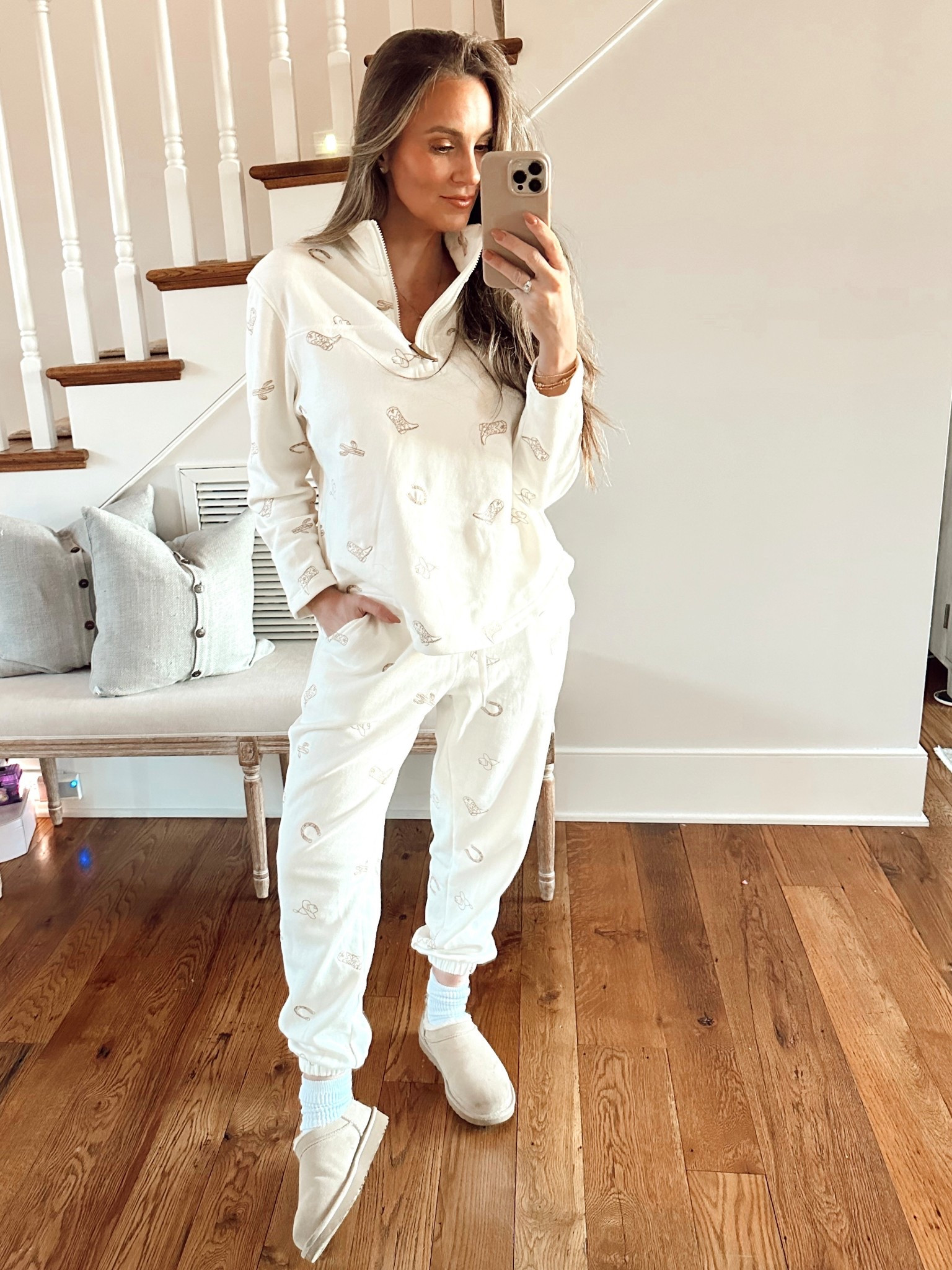 Comfiest matching set that’s western themed. Perfect Nashville travel outfit is on sale. Wearing Small. 

Belk outfit, Belk sale, Ugg micro mini boots, Ugg boots, scrunchy socks  

#LTKootd #LTKOver40 #LTKSaleAlert