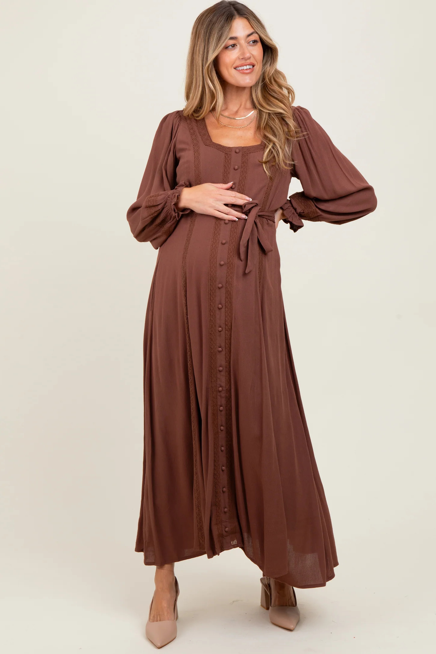 Brown Lace Detail Button Down Maternity Maxi Dress | PinkBlush Maternity