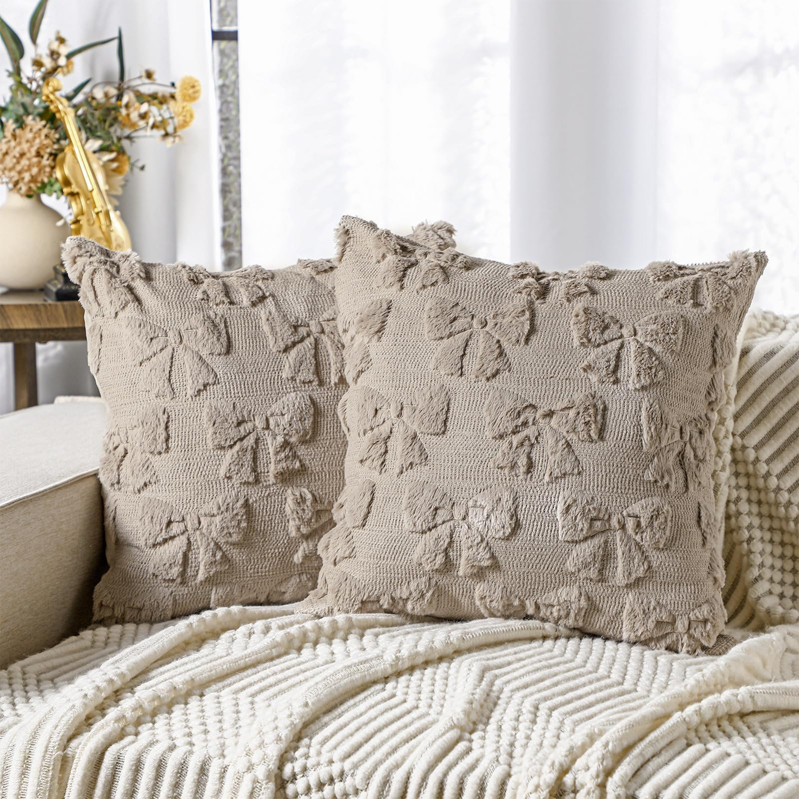 Mixweer Bow Pillow Covers 18x18 Set of 2 Coquette Room Decor Cute Faux Fur Soft Coquette Bowknot ... | Amazon (US)