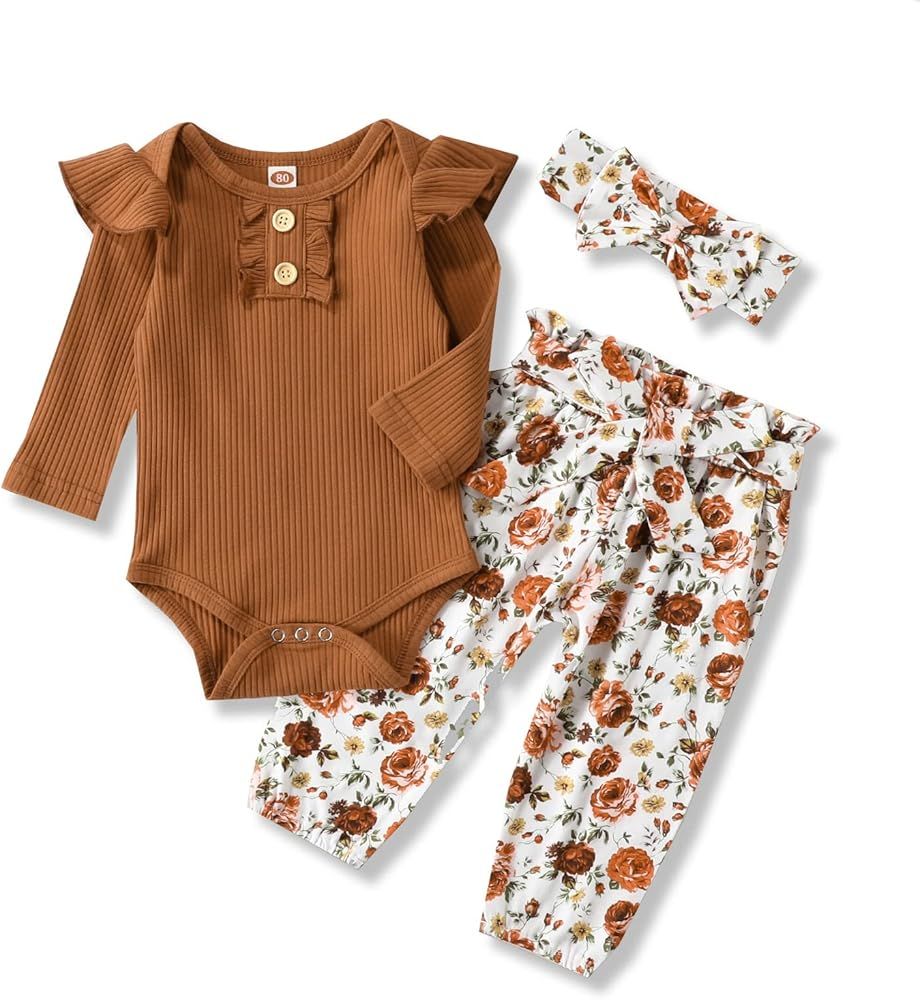 Newborn Baby Girls Clothes Ribbed Ruffled Romper+Floral Pants+Headband Infant Outfit Set | Amazon (US)