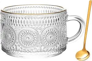 SZHTSWU Vintage Glass Coffee Mug, 14 Ounces Clear Embossed Glass Cup with Gold Rim, Breakfast Cup... | Amazon (US)