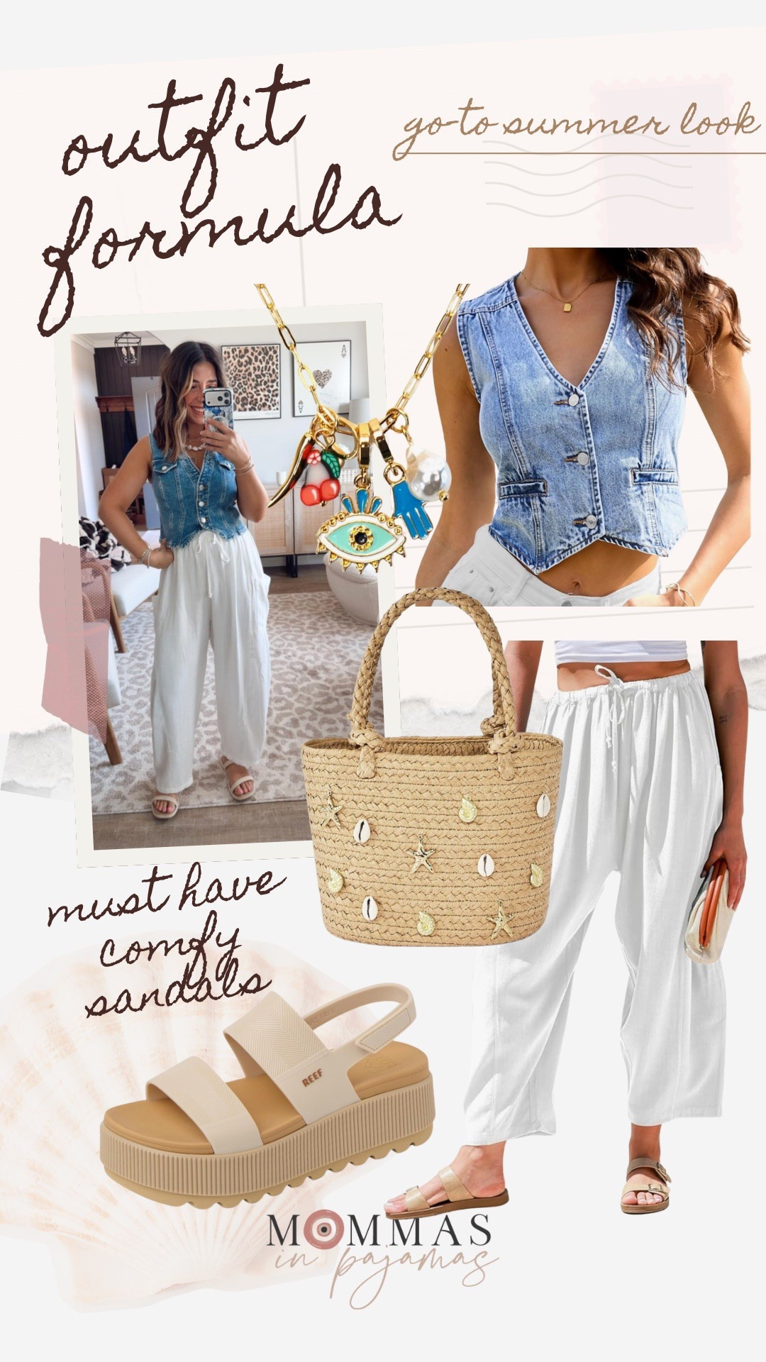 Petite friendly comfy pants that can be dressed up or down and a cute denim top are my go-to summer look. I am completely obsessed with this vest and the way it fits. Pairing a fitted top with the most perfect short girl friendly pants is the easiest way to look put together without being uncomfortable.
Casual summer look, evil eye necklace

#LTKMidsize #LTKPetite #LTKSeasonal