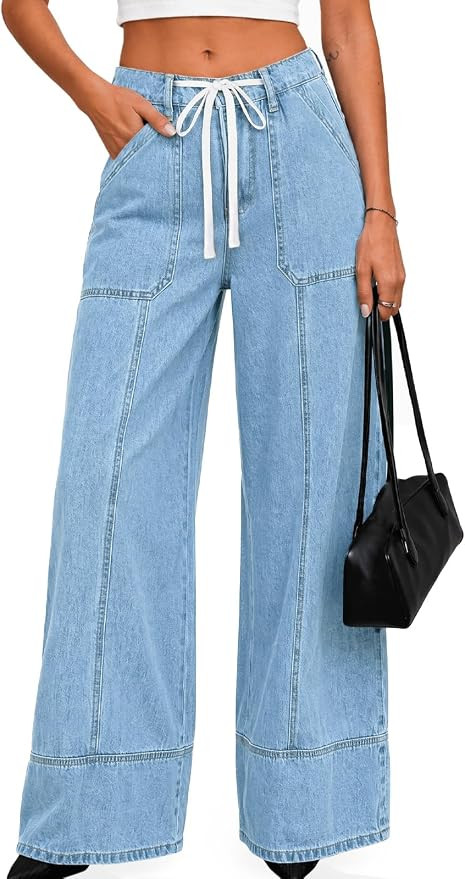 Flowyair Womens Baggy Drawstring Wide Leg Jeans High Waisted Seam Pants | Amazon (US)