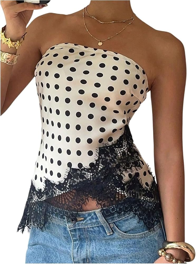 SweatyRocks Women's Polka Dots Satin Strapless Blouse Lace Trim Asymmetrical Going Out Tube Tops | Amazon (US)