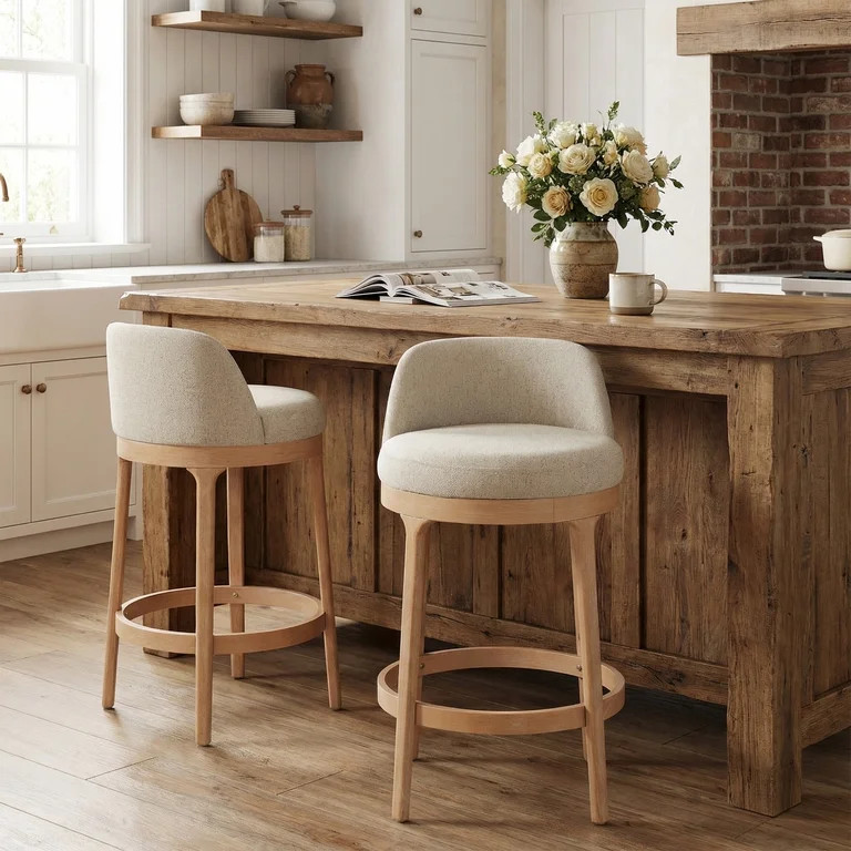 Christopher Knight Home 33"H Wooden Beige Upholstered Counter Stools with Round Seat, Natural Fin... | Walmart (US)