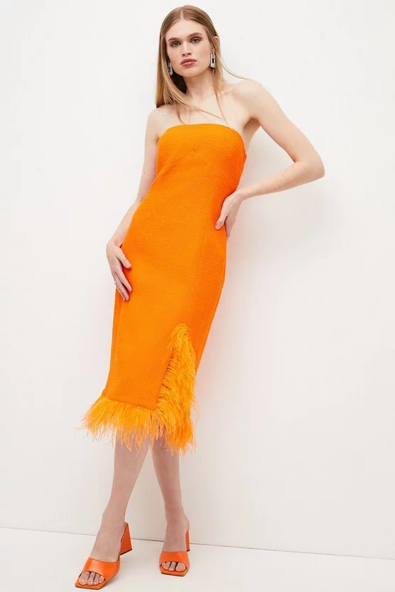 Boucle Feather Hem Pencil Midi Dress | Karen Millen US