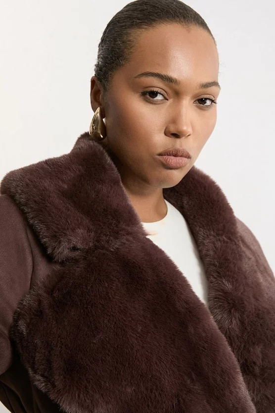 Plus Size Faux Shearling Collar & Cuff Tie Belt Maxi Coat | Karen Millen UK + IE + DE + NL