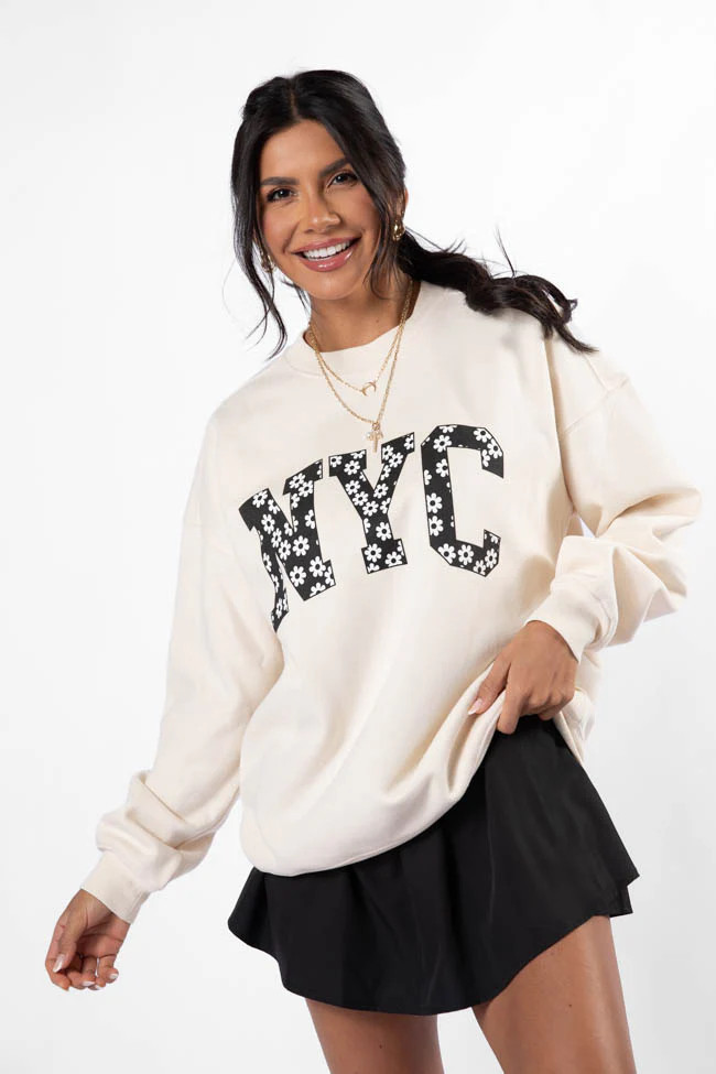 NYC Daisy Cream Oversized Graphic Sweatshirt | Pink Lily