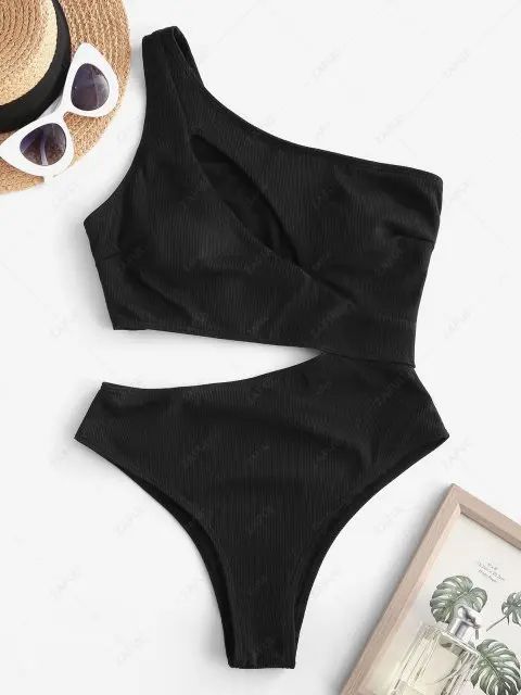 ZAFUL One Shoulder Ribbed Cutout One-piece Swimsuit - Black S | ZAFUL (Global)