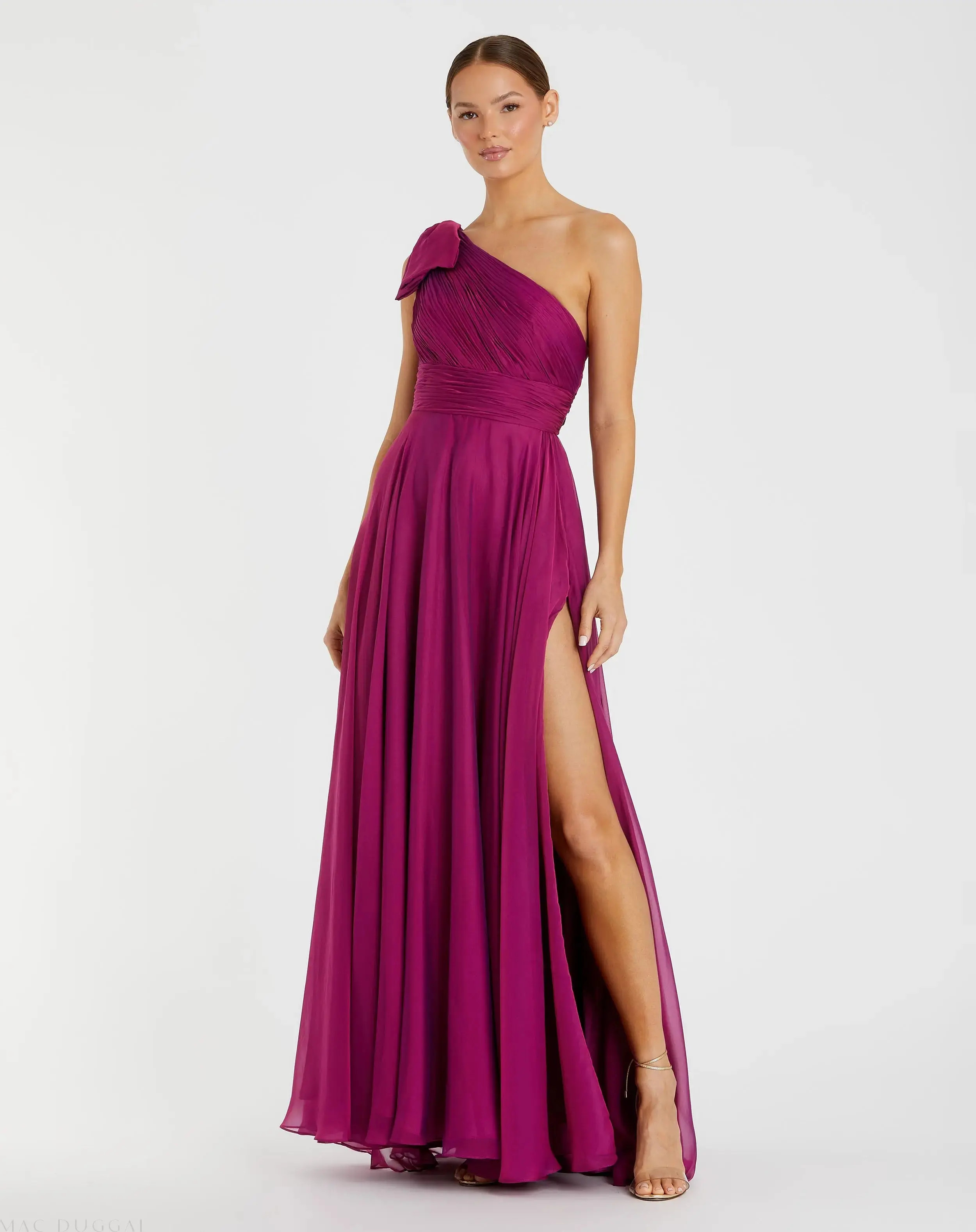 Purple Sleeveless One Shoulder Pleated Gown | Mac Duggal | Mac Duggal