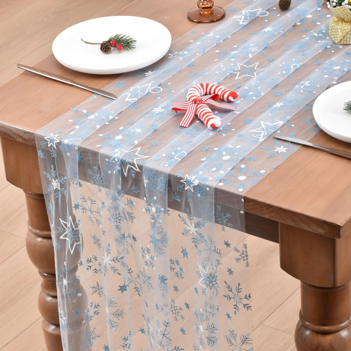 Joanlody Blue Christmas Snowflake Gauze Table Runner Glitter Metallic Foil 10ft Seasonal Sheer Tulle Table Runner for Winter Festival Holiday Home Table Decor | Amazon (US)