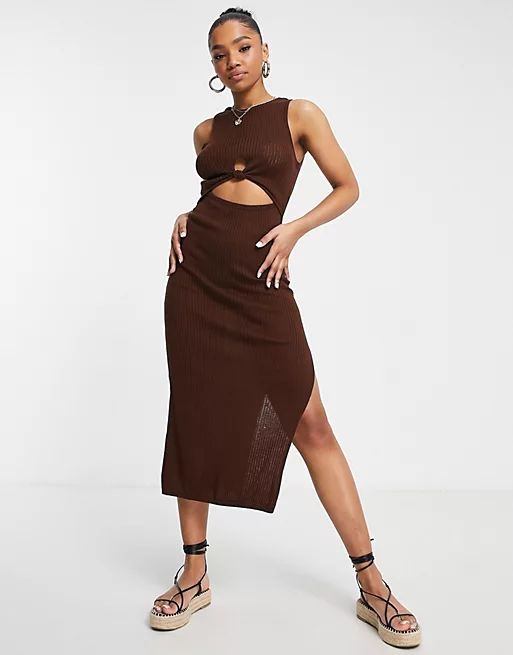 ASOS DESIGN sleeveless maxi dress with cut out front in brown | ASOS (Global)