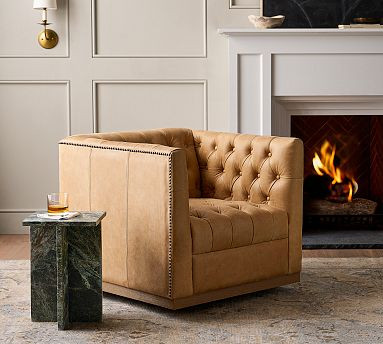 Edgewood Leather Swivel Chair | Pottery Barn (US)