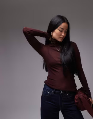 ARKET merino wool knitted rib semi-sheer turtle neck top in burgundy | ASOS | ASOS (Global)