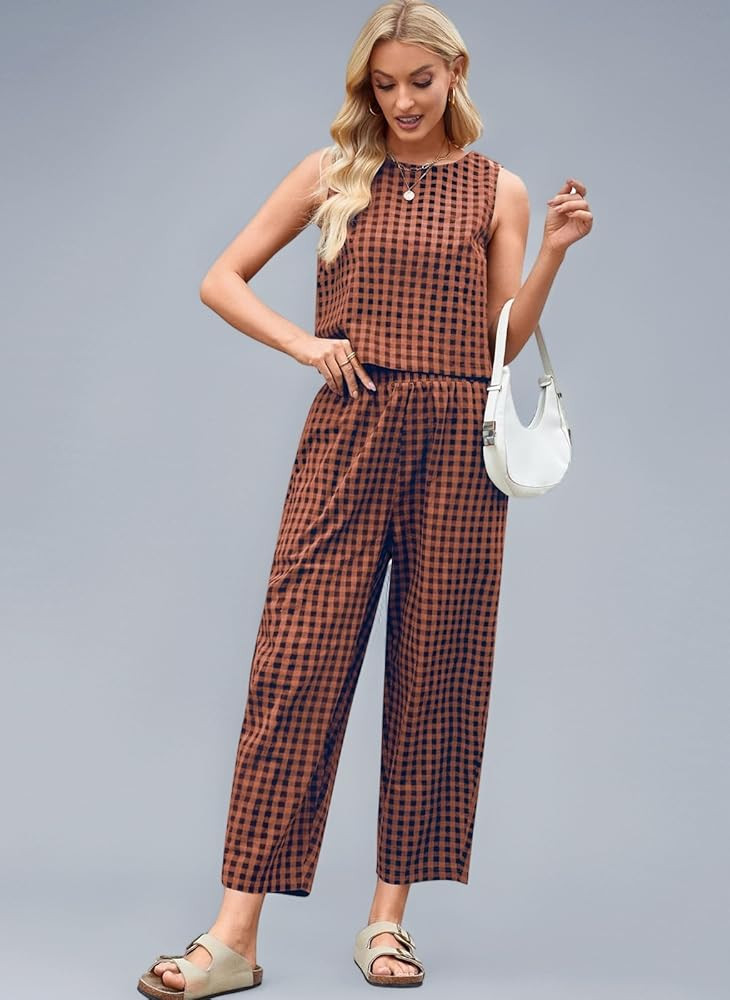 Gingham Summer Two Pieces Outfit Women Relaxed Boxy Fit Plaid Checked Pattern Leisure Wear Sets S... | Amazon (UK)