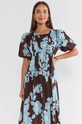 Brown Floral Pleated Detail Midi Dress | Avara