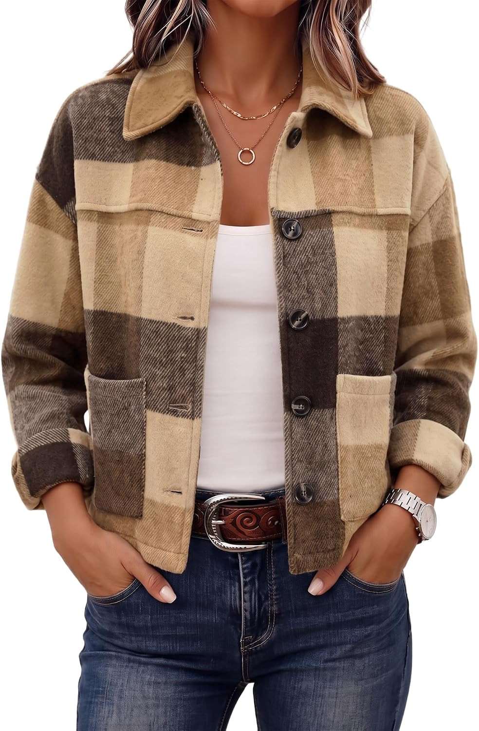 LOMON Women's Flannel Cropped Plaid Shacket Jacket Button Down Fall Outfits | Amazon (US)