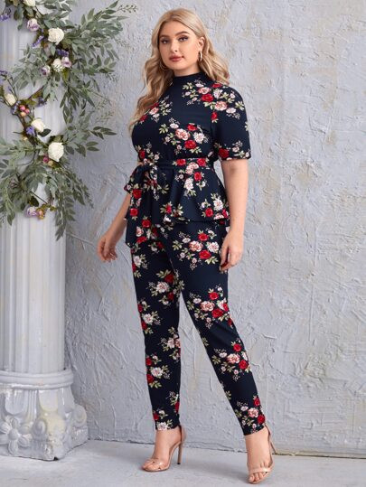 SHEIN Plus Mock-neck Belted Floral Top & Leggings Set | SHEIN