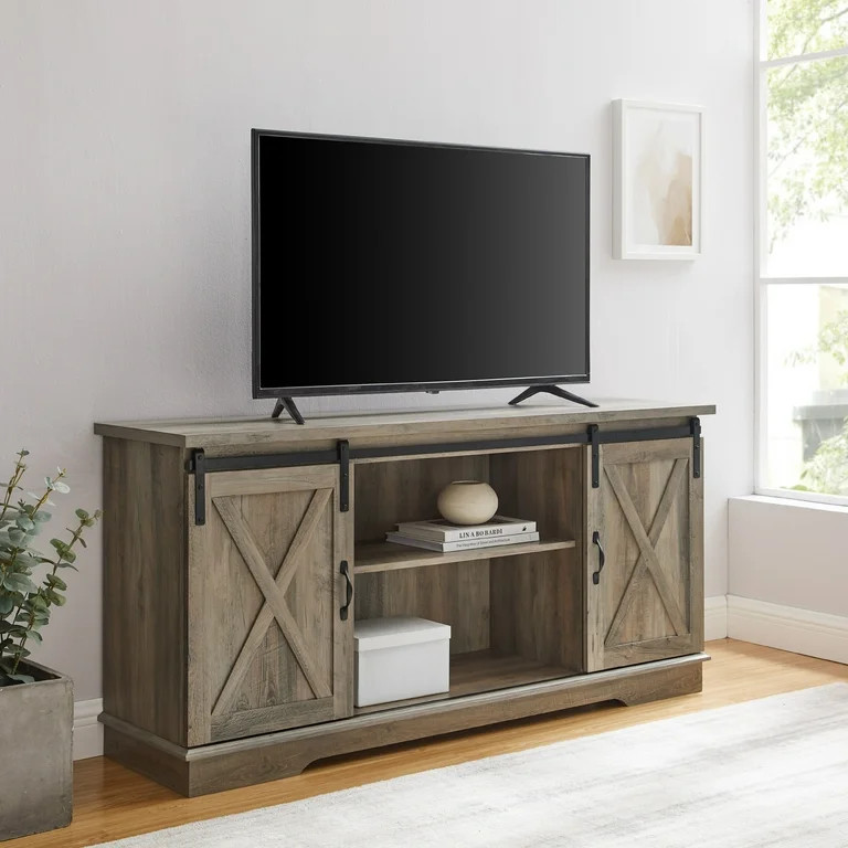 Woven Paths Sliding Farmhouse Barn Door TV Stand for TVs up to 65", Grey Wash | Walmart (US)